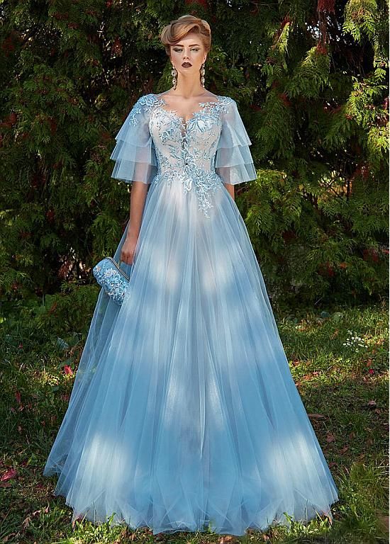 Excellent Tulle Jewel Neckline Bell Sleeves A-line Prom Dress With Beaded Lace Appliques cg2148
