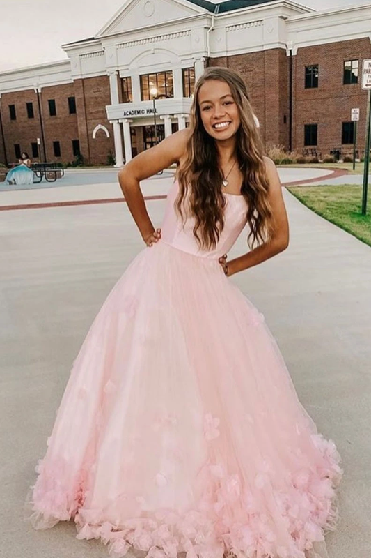Pink tulle applique long prom dress pink tulle formal dress    cg21728