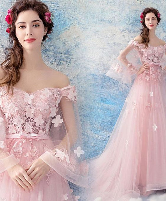 Pink tulle lace long prom dress, pink evening dress cg2178