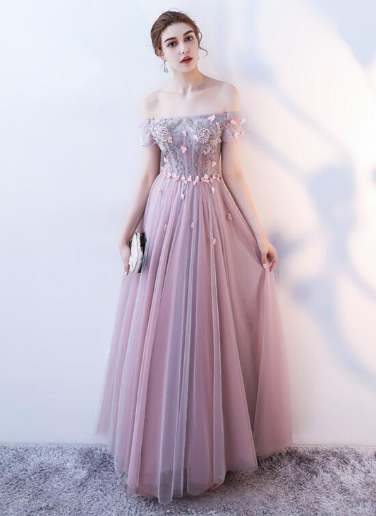 Pink Tulle Flowers And Beaded Long Off Shoulder Prom Dress, A-Line Pink Party Dress   cg21828