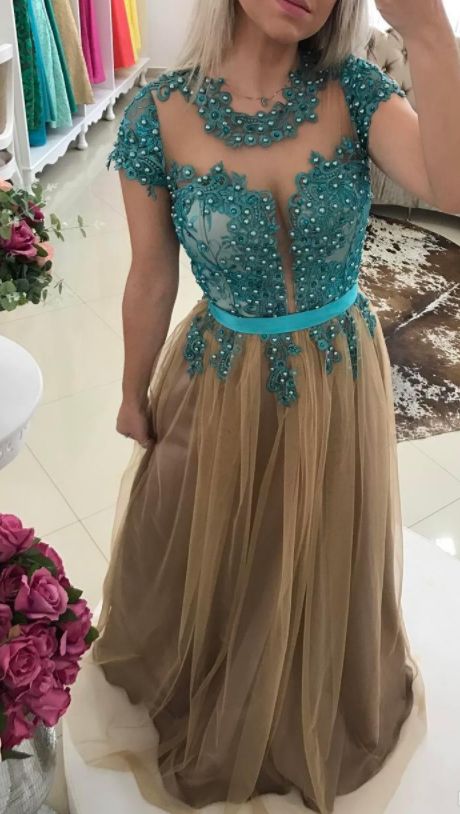 Champagne Lace Pearls Evening Dresses Cap Sleeves A-line Tulle Prom Dresses Cheap Sexy Formal Party Bridesmaid Gowns   cg21873