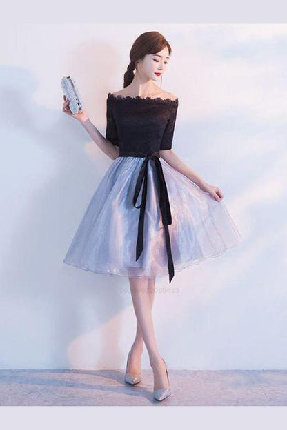 Sexy Off Shoulder Black Tulle Knee Length Homecoming Dresses cg219