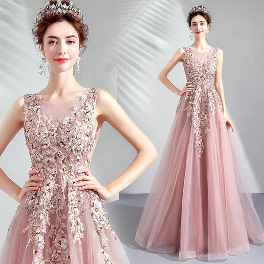 Pink Tulle Flowers V-Neckline Long Formal Gown, Lovely Pink Tulle Prom Dress Party Dress   cg21917