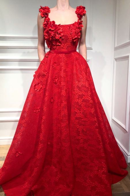 Charming Sexy Squre Neckline ,A Line Prom Dress , Floor Length,3D Flower Applique ,Lace Evening Dress   cg21959