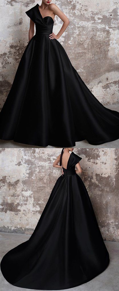 Unique Style One Shoulder A Line Satin Black Evening Long Dress prom dress, evening dress    cg22002