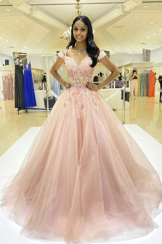 Pink tulle lace long A line prom dress pink evening dress    cg22012