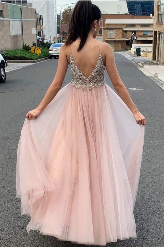 Sexy Straps Beaded Pink Formal prom Dress with Slit    cg22061