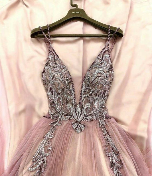 Sexy Deep V neck pink Prom Dresses    cg22129