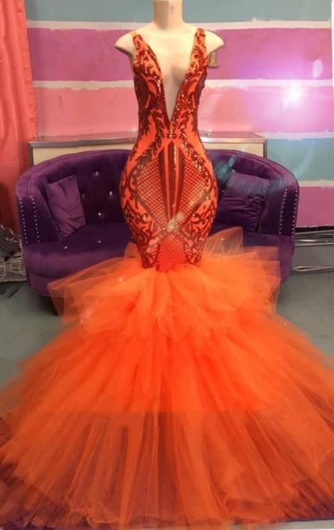 Black Girl Prom Dress Orange Mermaid Lace Appliques Prom Dresses Tulle Ruffles Sexy V-neck Cheap Evening Gowns   cg22187