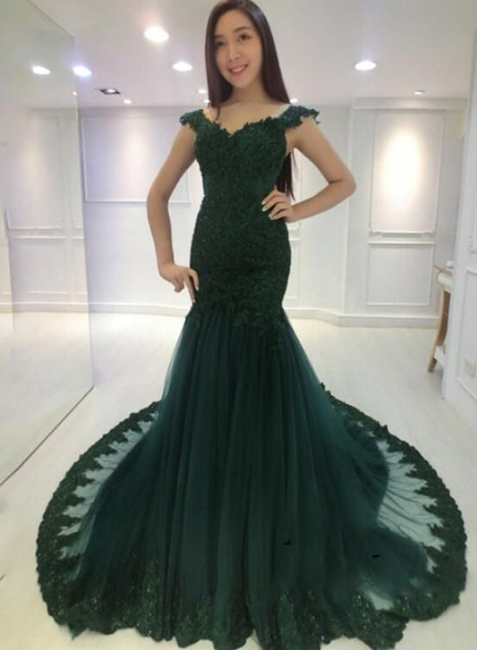 Sexy Hunter Green Tulle Mermaid Lace Applique Prom Dress    cg23326