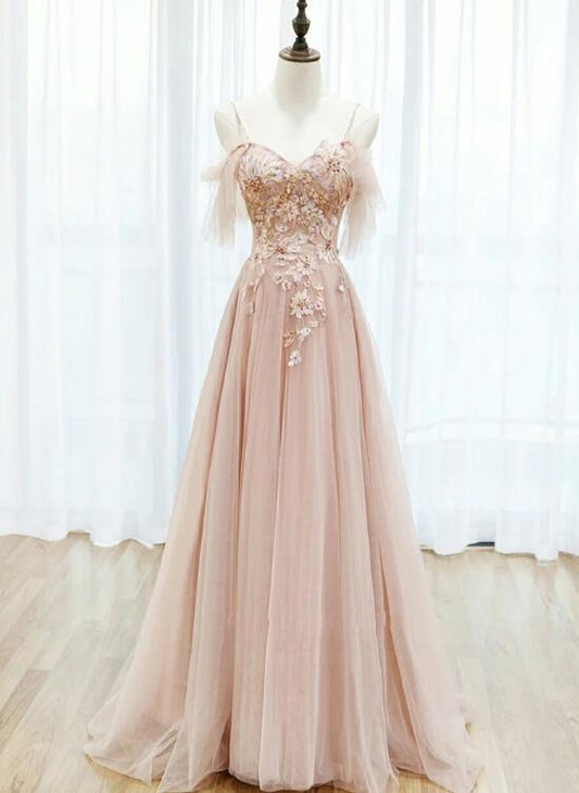 Pink Tulle Lace Applique Flowers Off Shoulder Long Party Dress, Pink A-Line Prom Dress    cg22377