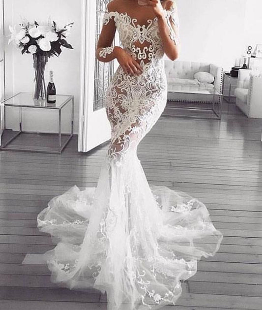 Unique white lace applique tulle mermaid long prom dress      cg22477