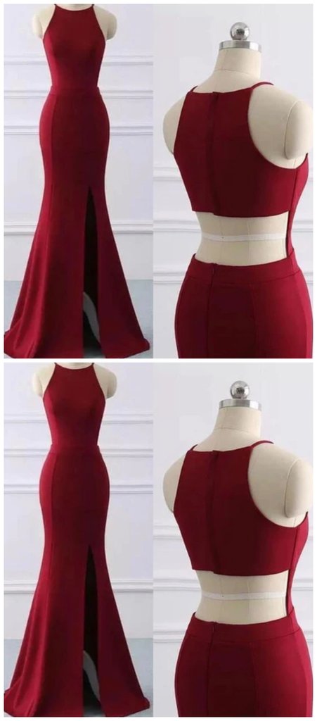 Wine Red Halter Mermaid Long Party Dress With Leg Slit, Sexy Long Formal Dress prom Dress     cg22571