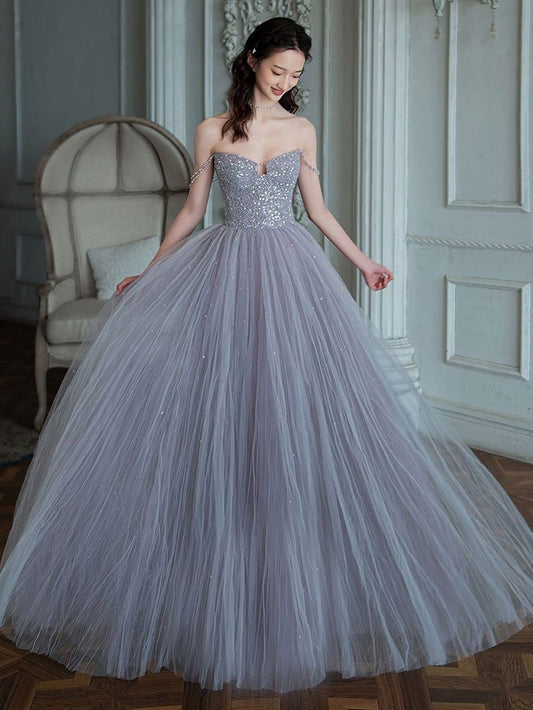 Unique sweetheart sequin tulle long prom dress tulle evening dress     cg22573