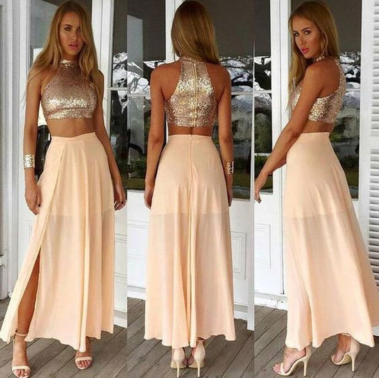 Charming Two Pieces Sequins Chiffon Prom Dress,Sexy Halter Evening Dress,Sexy Backless Prom Dress      cg22686