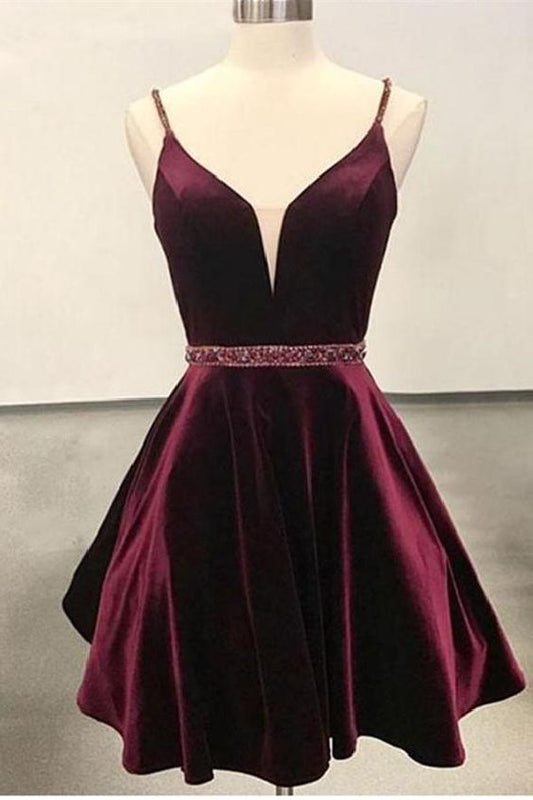 Cute A Line V Neck Open Back Velvet Burgundy Short Homecoming Dress cg231