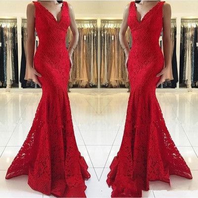 Red Sexy Mermaid Lace Prom Dresses V-Neck Sleeveless Cheap Evening Dresses     cg23480