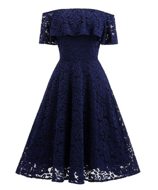 Navy Blue Short Soft Lace Prom Dress Off Shoulder Women Party Gowns        cg23573