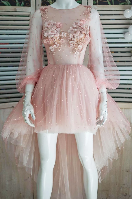 PINK TULLE LACE HIGH LOW DRESS, HOMECOMING DRESS cg2392