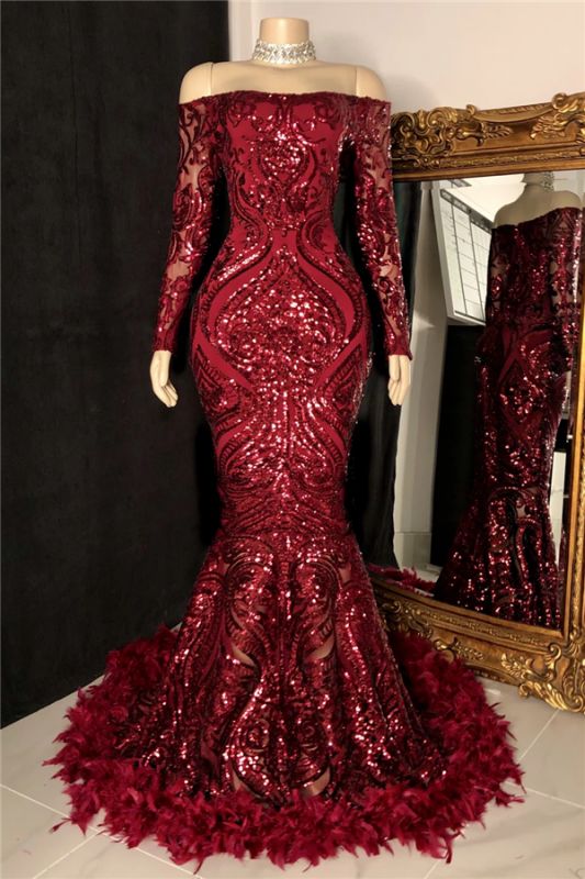 Off The Shoulder Burgundy Prom Dresses with Feather Long Sleeve Sparkle Lace Mermaid Evening Gowns      cg24347