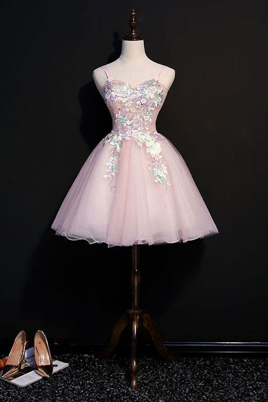 PINK SWEETHEART TULLE LACE SHORT DRESS, PINK HOMECOMING DRESS cg2483