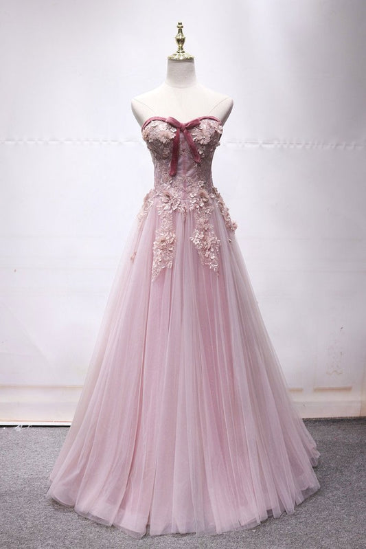 PINK SWEETHEART TULLE LACE LONG PROM DRESS, PINK LACE EVENING DRESS cg2487