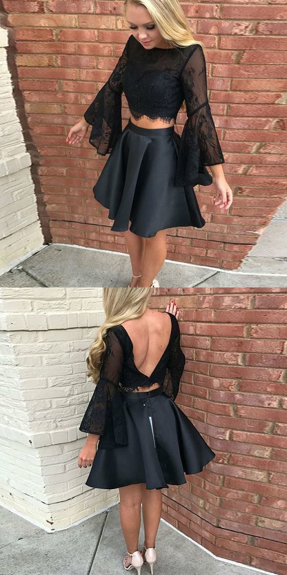Two piece black short homecoming dresses, 2 piece bell sleeves cg254