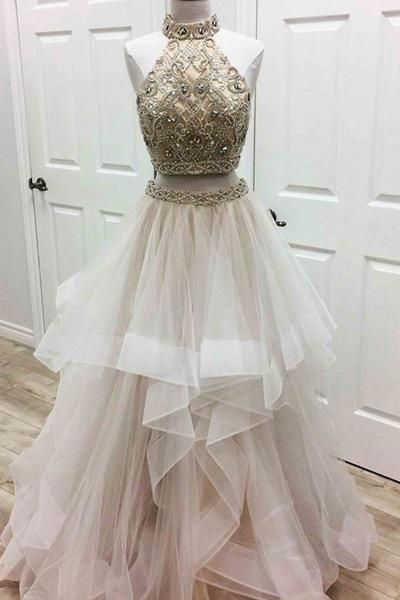 Unique two pieces tulle beads long prom dress, tulle evening dress cg2642