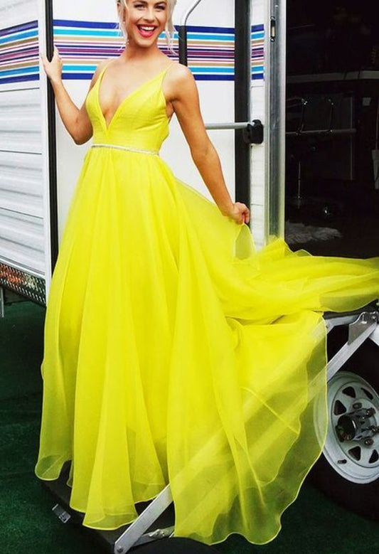 Sexy Deep V neck Yellow Tulle Long Prom Dress, Sleeveless Evening Party Dress  cg2654