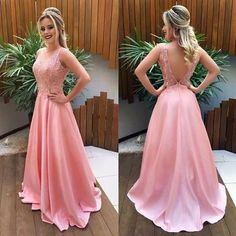 V Back Pink Prom Dress with Lace Bodice cg2709