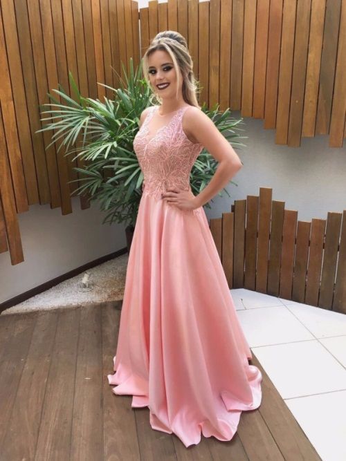 V Back Pink Prom Dress with Lace Bodice cg2709