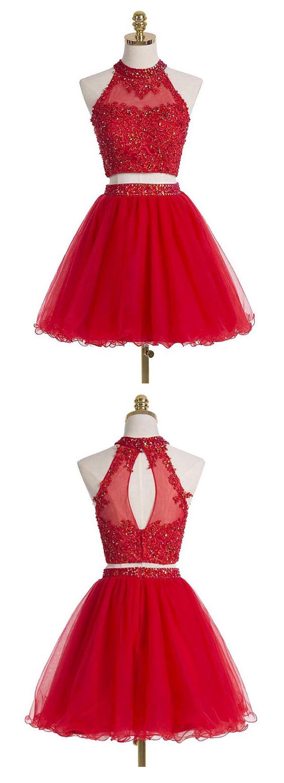Two-piece Scoop Short Red Organza Beaded Homecoming Dress with Appliques Sequins cg283