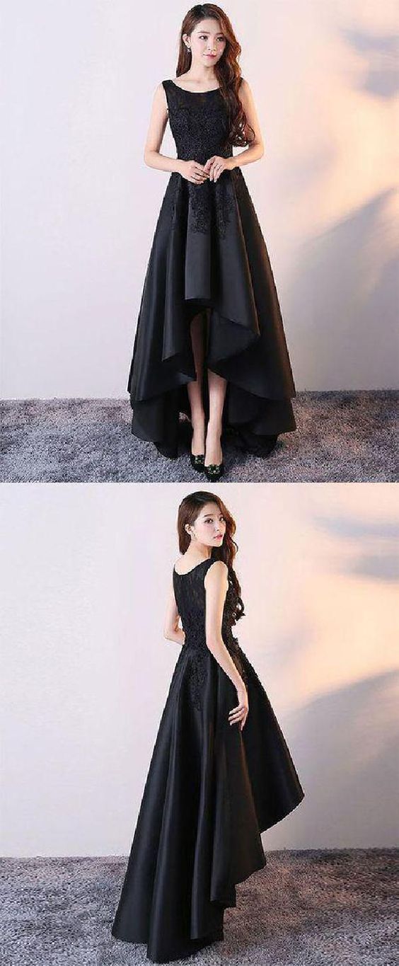 Cute Black Lace Prom Dress Black Round Neck Satin Lace High Low Prom Dress ,lace prom dress cg288