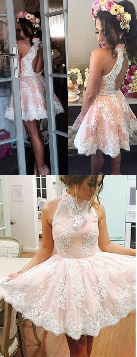 High Neck Light Pink Lace Back O Short homecoming Dresses cg310