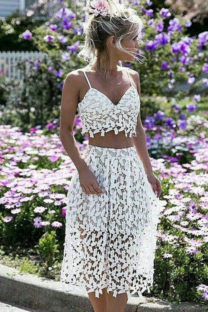 Sexy Spaghetti Strap White Lace Short Party Dress,Two-Piece Short homecoming Dresses cg345