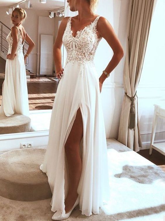 White Patchwork Lace V-neck Sleeveless Backless Slit Elegant Maxi prom Dress cg3802