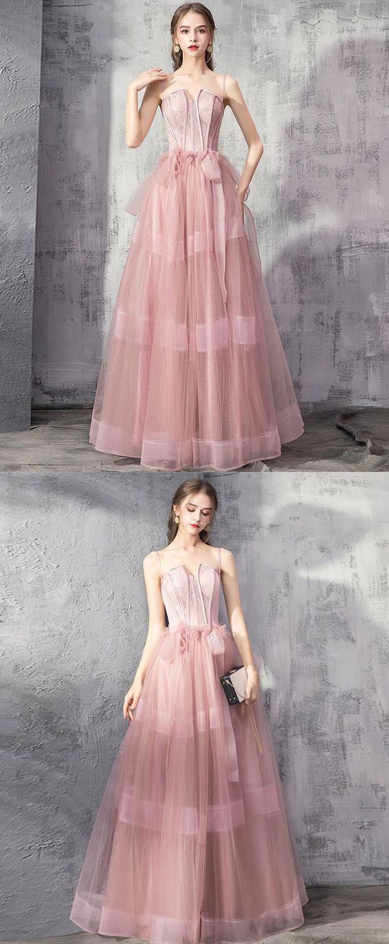 Pink tulle lace long prom dress pink evening dress cg3917