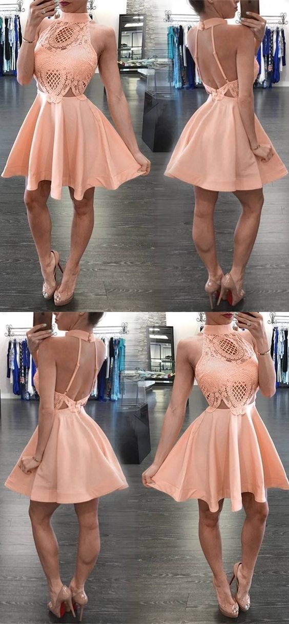 High Neck Short Apricot Homecoming Dress with Lace Backless cg395