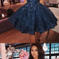 Dark Blue V-neck Pearl Lace Homecoming Dresses,Cheap Short homecoming Dresses cg426