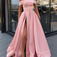 A-Line/Princess Sleeveless Off-the-Shoulder Sweep/Brush Train Ruffles Satin Dresses cg447