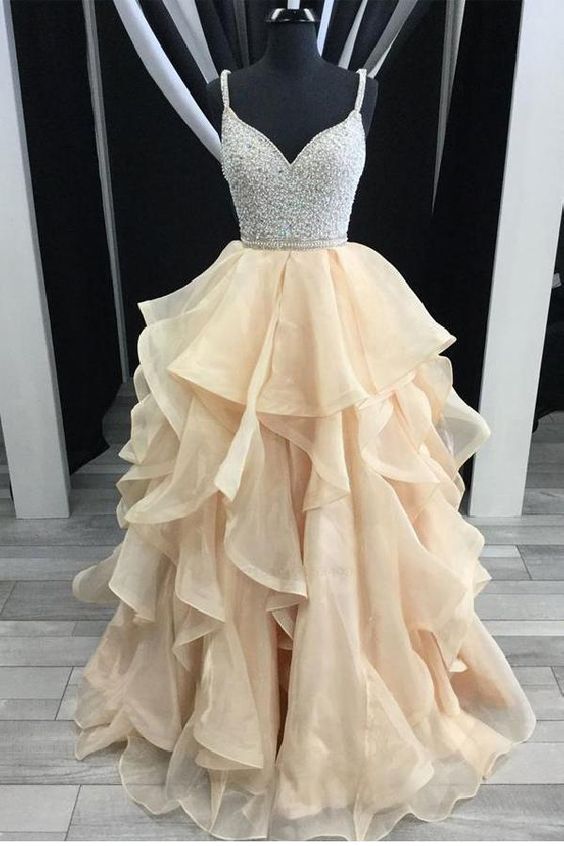 Spaghetti Straps Rhinestones Tiered Skirt Hi-Lo Backless Prom Dresses Evening Gowns Dress  cg461