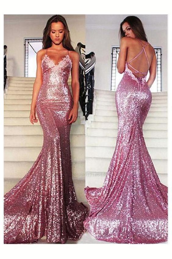 Spaghetti Straps pink sequin prom dress ,modest prom dress  cg462