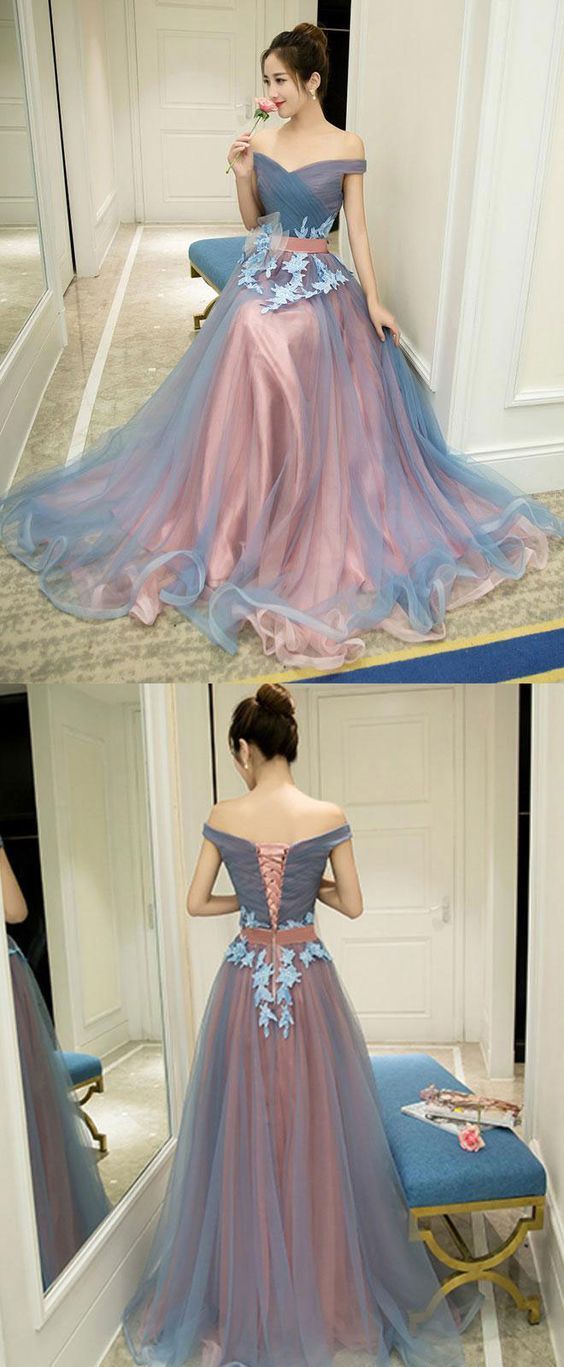 Gray blue tulle off shoulder long prom dress, gray blue evening dress cg467