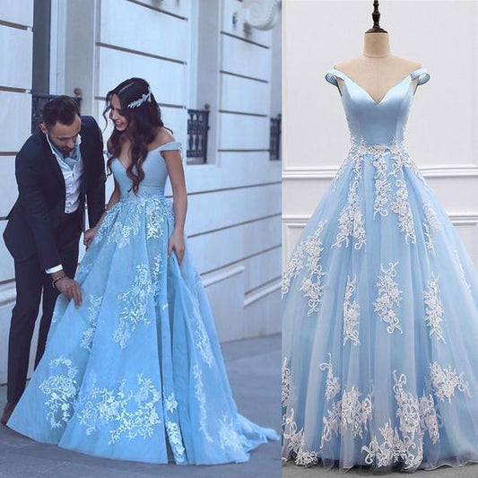 Light Blue Tulle Ball Gowns Prom Dresses Lace Appliques Off Shoulder  cg472