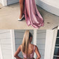 Two Piece Square Lace-Up Pink Split Prom Dress with Lace Pockets cg474