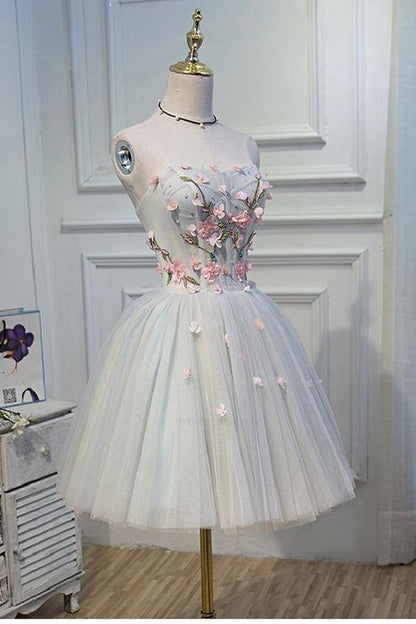 Short Grey Homecoming Dresses With Flower Lace Up Mini dress cg478