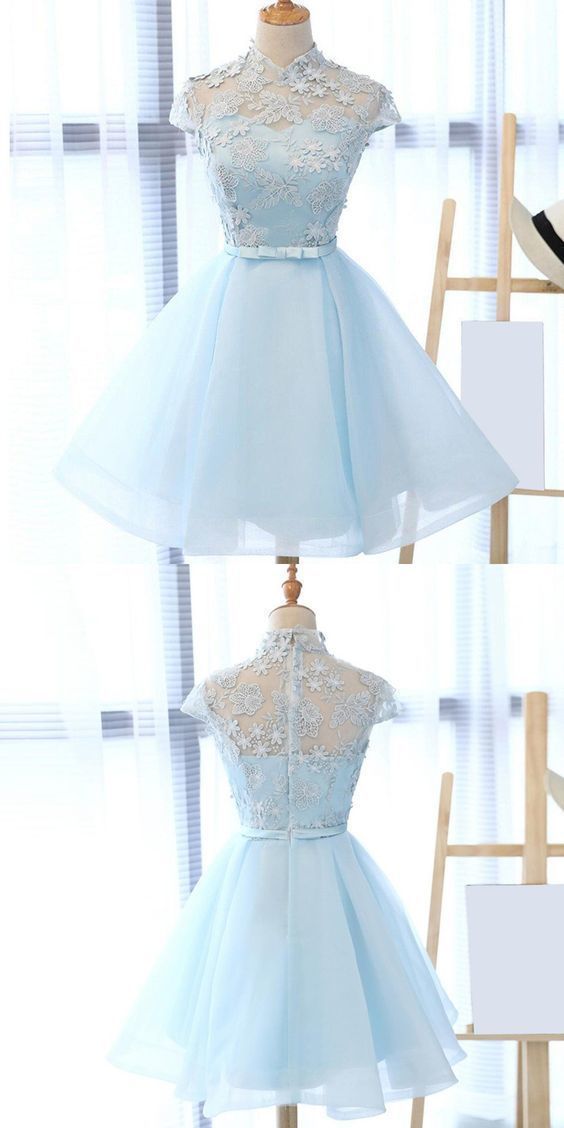 Chic Light Sky Blue Homecoming Dress Tulle High Neck Homecoming Dress Party Dress  cg479