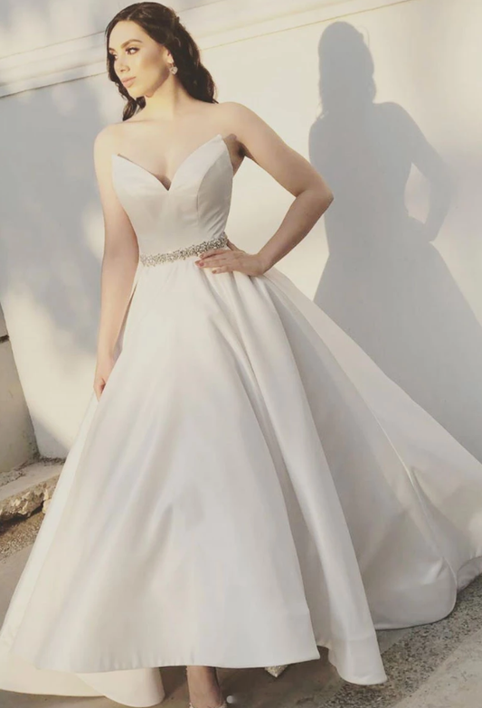 White sweetheart satin tea Length prom dress, bridesmaid dress cg4981