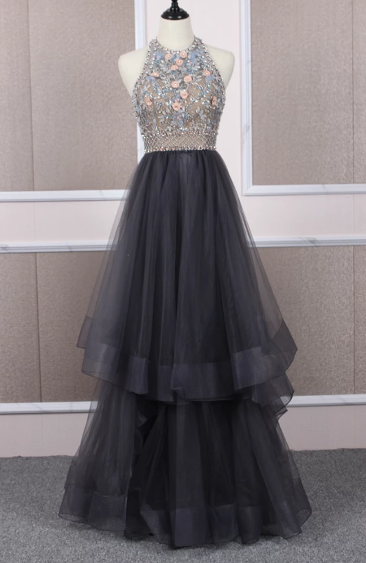 Unique tulle beads long prom dress tulle long evening dress cg4998