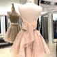 Two Pieces Halter Champagne Short Homecoming Dresses With Appliques  cg527